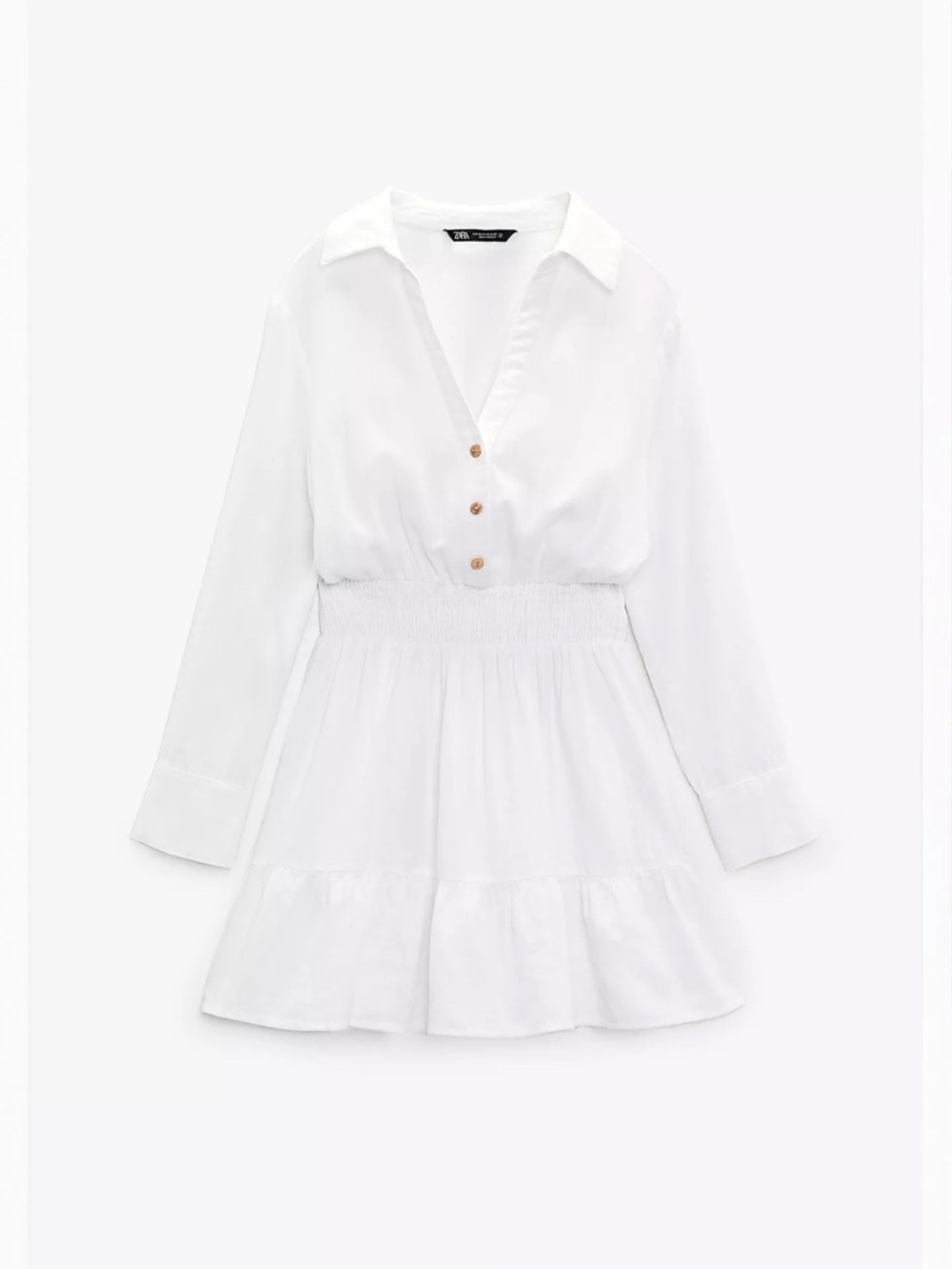 ZARA White Long-Sleeve Linen Blend Mini Dress with Smocked Waist
